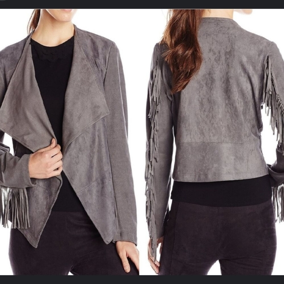 Relisted Karen Kane Grey Faux Suede Drapey Fringe Jacket size Large - Picture 2 of 7